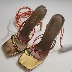 Nwt EGO Official Gold Metallic Square-Toe Heels Sandals w/ Neon Wrap Straps Sz 5